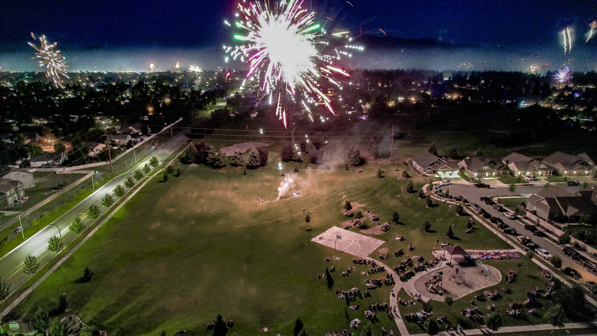 Aerial view  of fireworks show in Penrose Park, North Place neighborhood, Post Falls Idaho